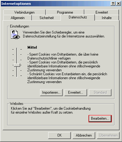 Internet Explorer: Cookies-Optionen