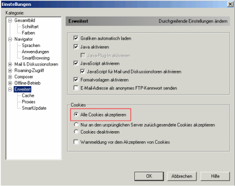 Netscape: Cookies-Optionen